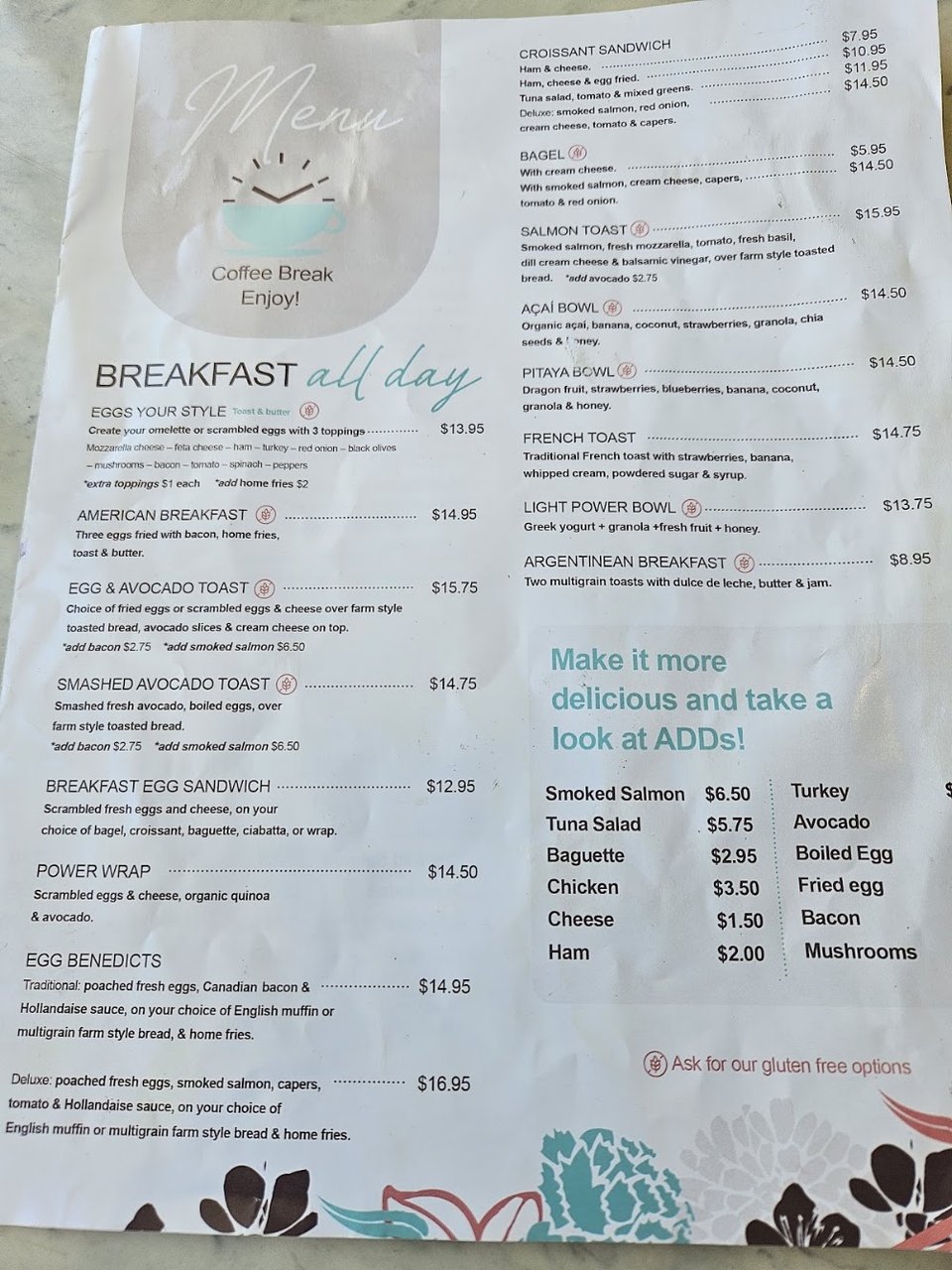 Menu page with sweet break selections.
