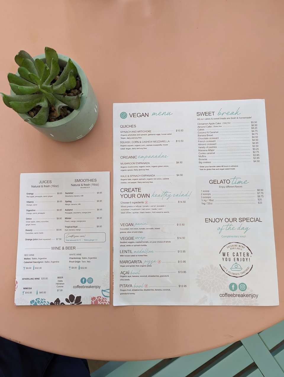 Printed café menu with breakfast choices.